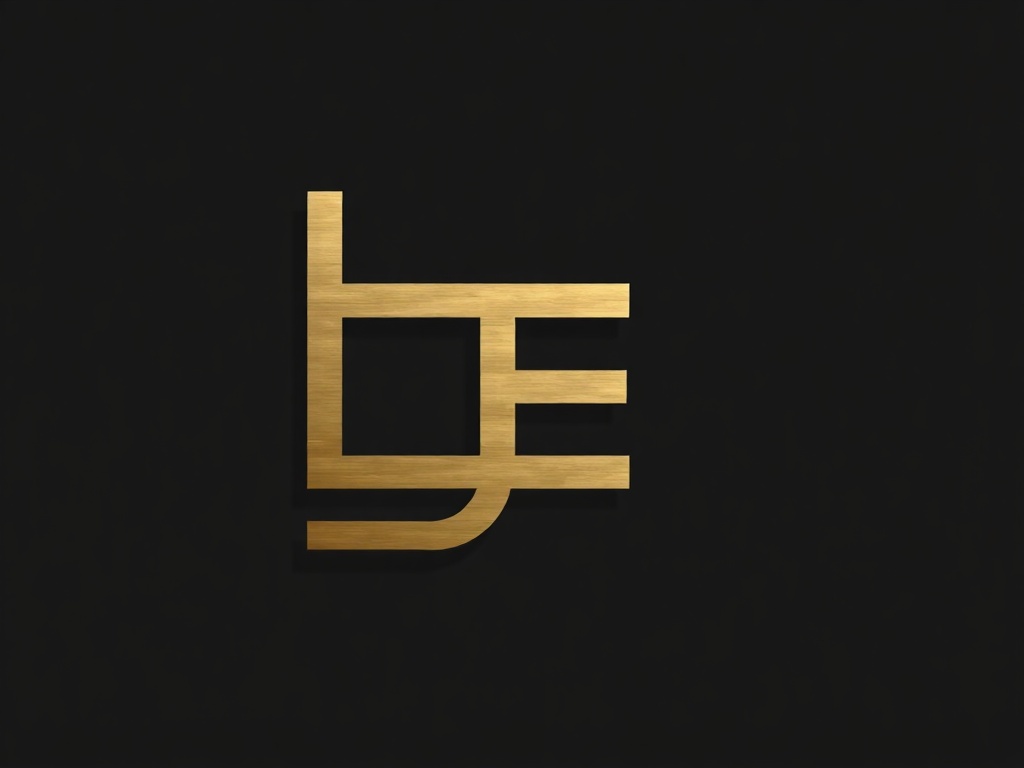Minimalist geometric line forming an abstract 'B' and 'E' intertwined, brushed gold against a matte black background, subtle shadow, photorealistic, 8k, commercial photography style